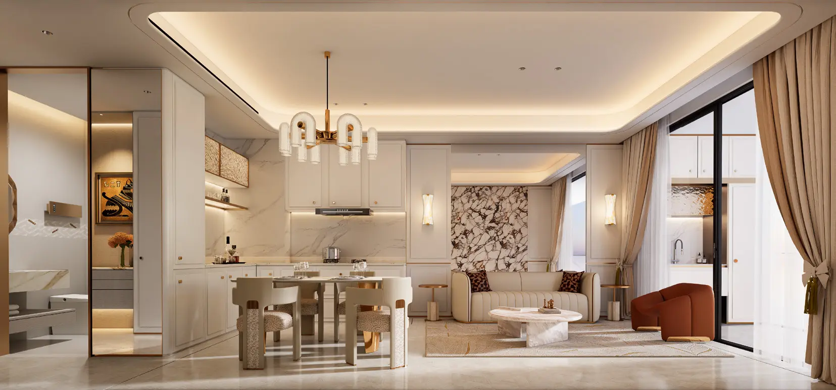 Dining area with a sculptural chandelier and marble wall