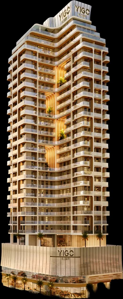The YIGO LUXE tower at Dubai Silicon Oasis at dusk